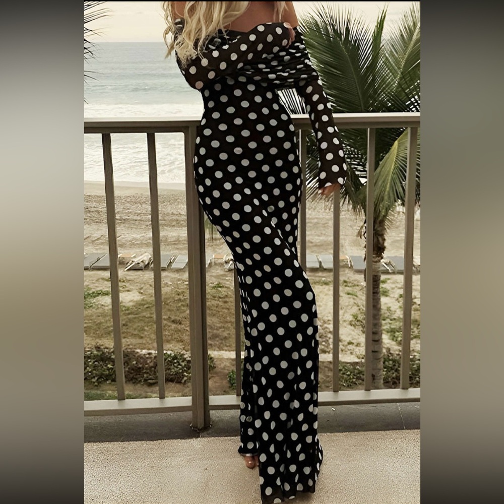 BRAND NEW POLKA DOT PRINT OFF SHOULDER MAXI DRESS